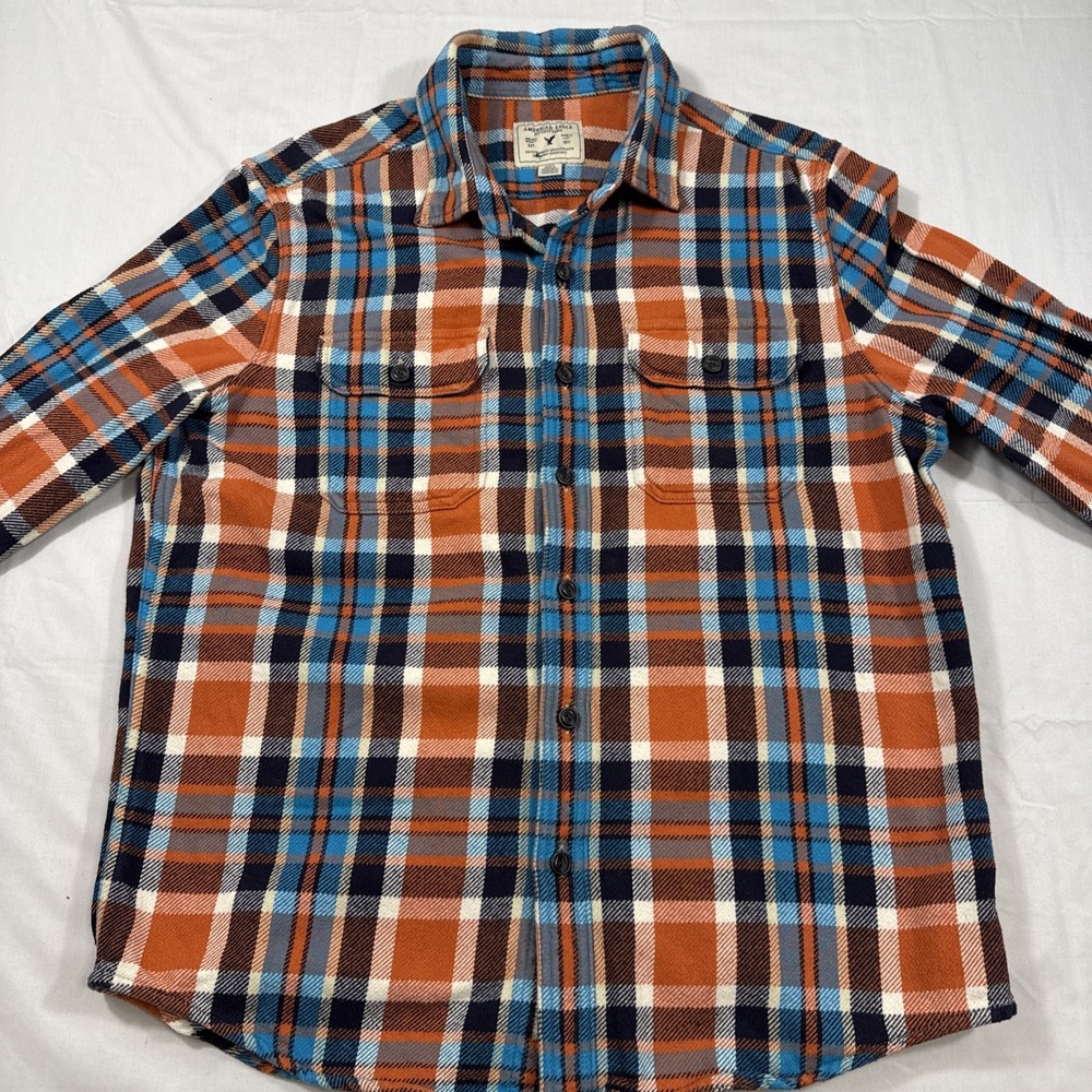 FLANNEL SHIRT HEAVY American Eagle Mens Medium Red Navy Plaid Button Down Casual